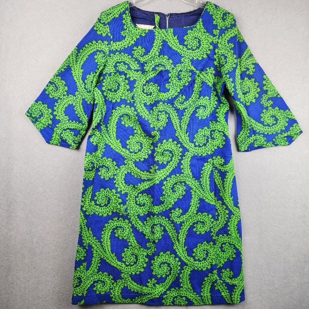 Vintage Sue Brett Blue and Green Patterned Dress 1950's Tag Workers Union Lined